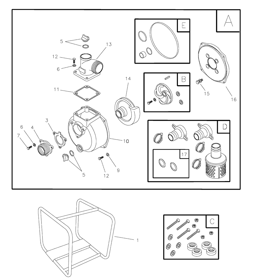 Main Unit Diagram and Parts List for 073010-0-WP2-60  Briggs and Stratton Water Pump